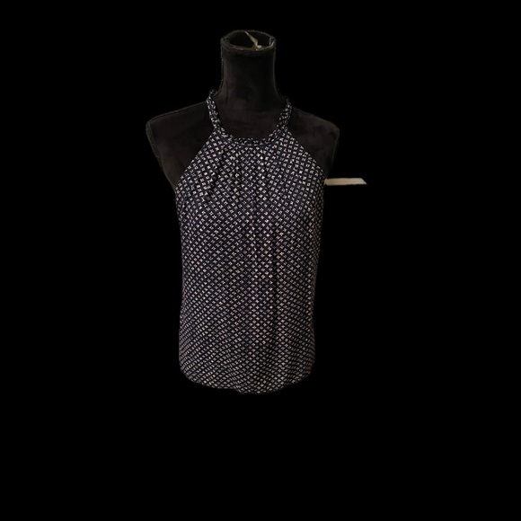 Navy halter button up back, ruffled neck navy top sleeveless - Picture 2 of 7